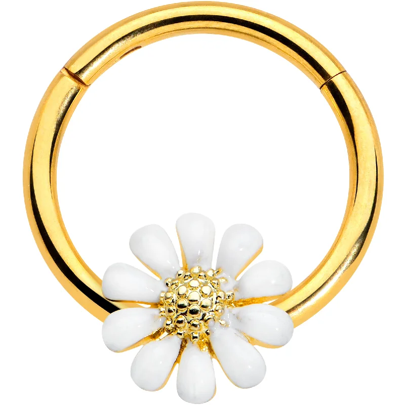Stylish Nose Rings with Simple Designs -16 Gauge 3/8 Gold Tone Innocence White Flower Hinged Segment Ring Stylish Nose Rings with Simple Designs -16 Gauge 3/8 Gold Tone Innocence White Flower Hinged Segment Ring