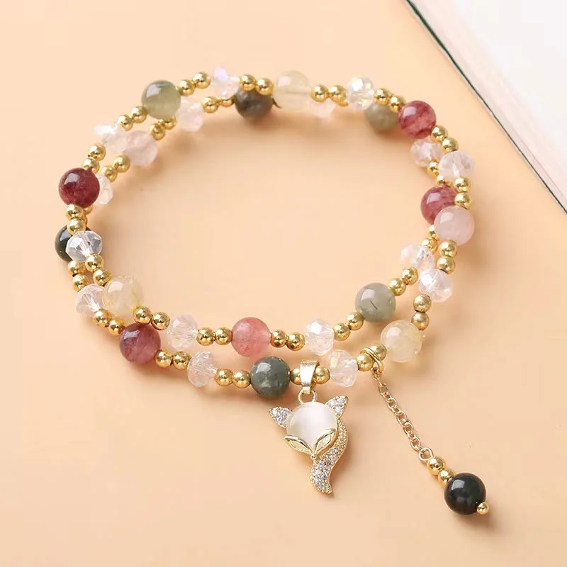 Elegant Gold Bangles for Women with Intricate Design-Buddha Stones Multicolored Rutilated Quartz Fox Protection Double Wrap Bracelet Elegant Gold Bangles for Women with Intricate Design-Buddha Stones Multicolored Rutilated Quartz Fox Protection Double Wrap Bracelet