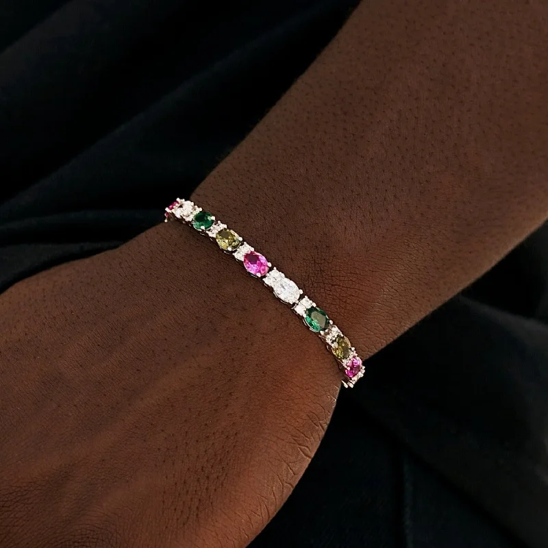 Silver Chain Bracelets for Men-Multicolor Mixed Oval Cut Tennis Bracelet- 5mm