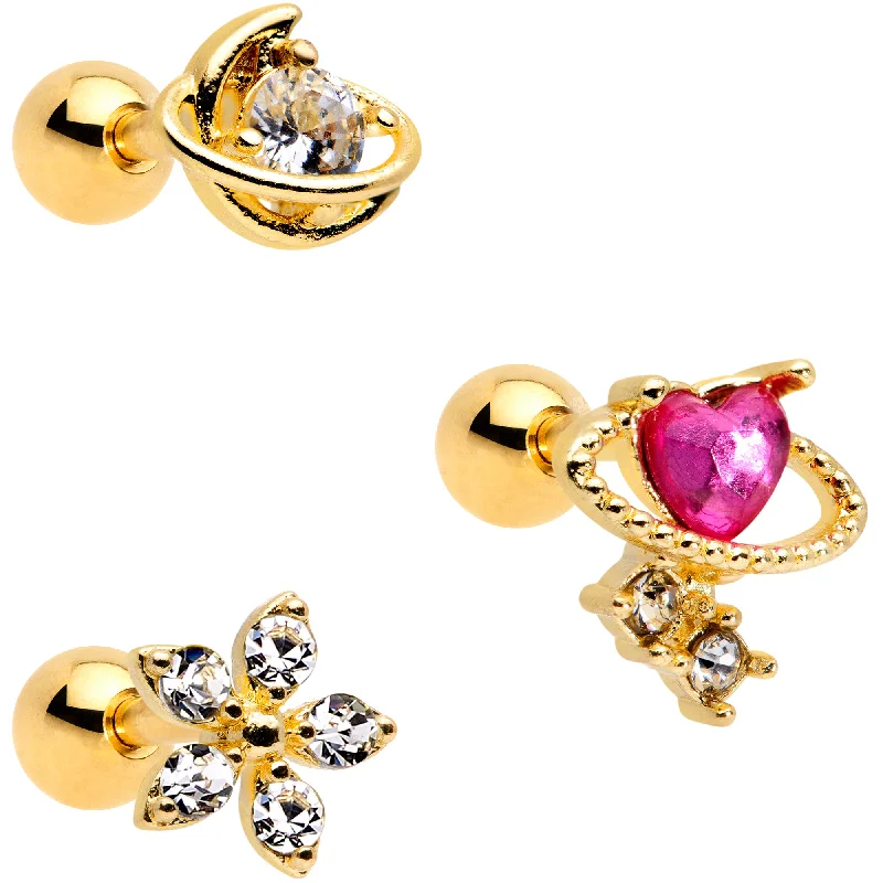 Women's Earrings – Elegant Designs for Every Personality--16 Gauge 1/4 Clear CZ Gem Gold Tone Moon Cartilage Tragus Set of 3