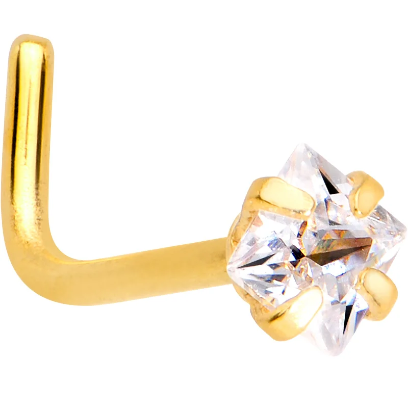 Cute Nose Rings -20 Gauge 1/4 Clear Square 2.5mm CZ Gem Gold IP L-Shape Nose Ring