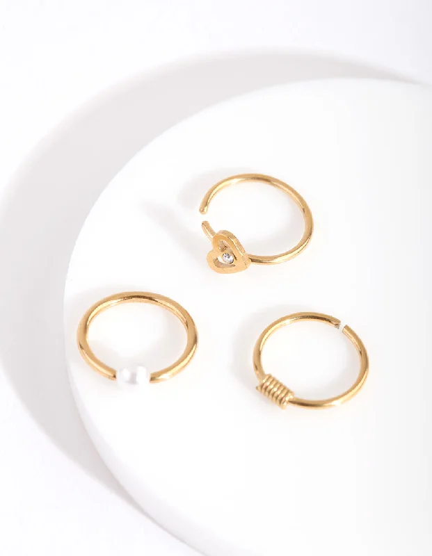 Affordable Nose Rings with Beautiful Stones -Gold Pearl Heart Diamante Nose Ring Pack Affordable Nose Rings with Beautiful Stones -Gold Pearl Heart Diamante Nose Ring Pack