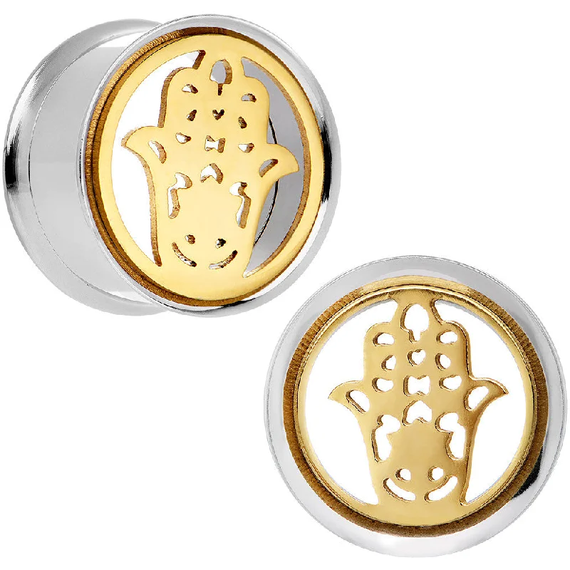 Women's Earrings – Elegant Designs for Every Personality--3/4 Steel Sunlit Hamsa Hand Screw Fit Tunnel Plug Set Women's Earrings – Elegant Designs for Every Personality--3/4 Steel Sunlit Hamsa Hand Screw Fit Tunnel Plug Set