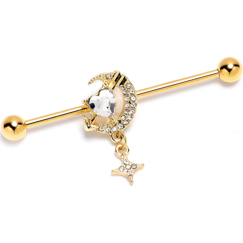 Women's Earrings – Elegant Designs for Every Personality--14 Gauge Clear Gem Gold Tone Moon Lover Dangle Industrial Barbell 38mm