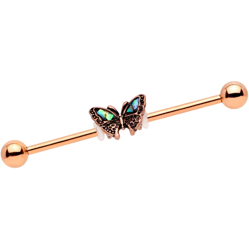 Women's Earrings – Elegant Designs for Every Personality--Rose Gold Tone Iridescent Butterfly Charm Industrial Barbell 38mm