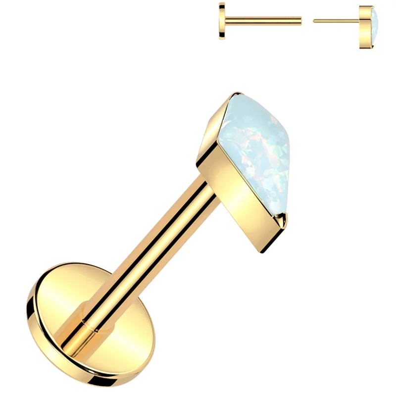 Women's Earrings – Elegant Designs for Every Personality--18 Gauge 5/16 White Synthetic Opal Spear Gold PVD Medical Grade Titanium Flat Back Earring