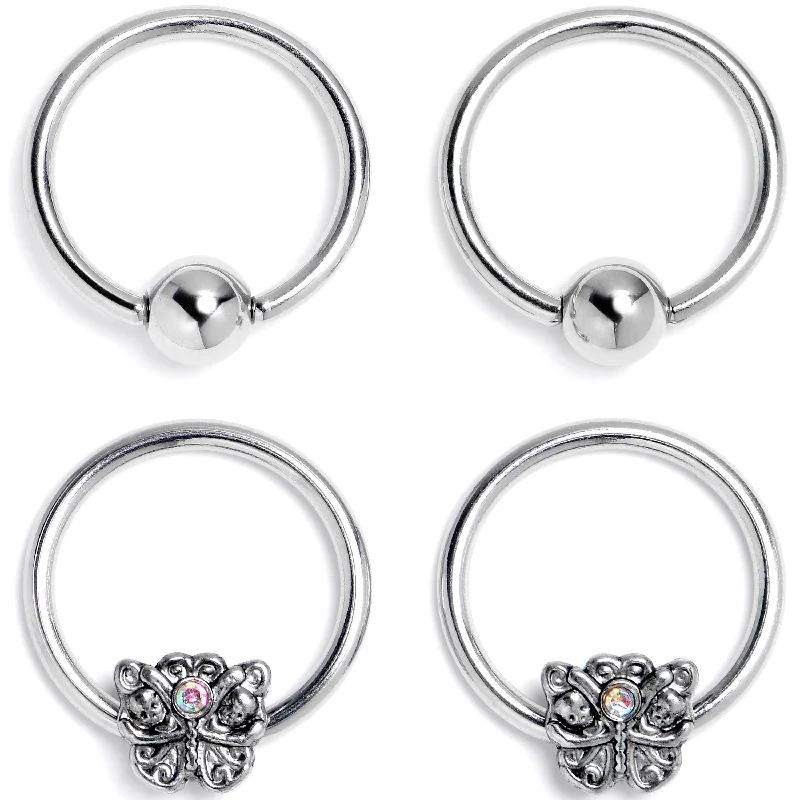 Women's Earrings – Elegant Designs for Every Personality--16 Gauge 3/8 Aurora Gem Butterfly Ornate BCR Captive Ring Set of 4