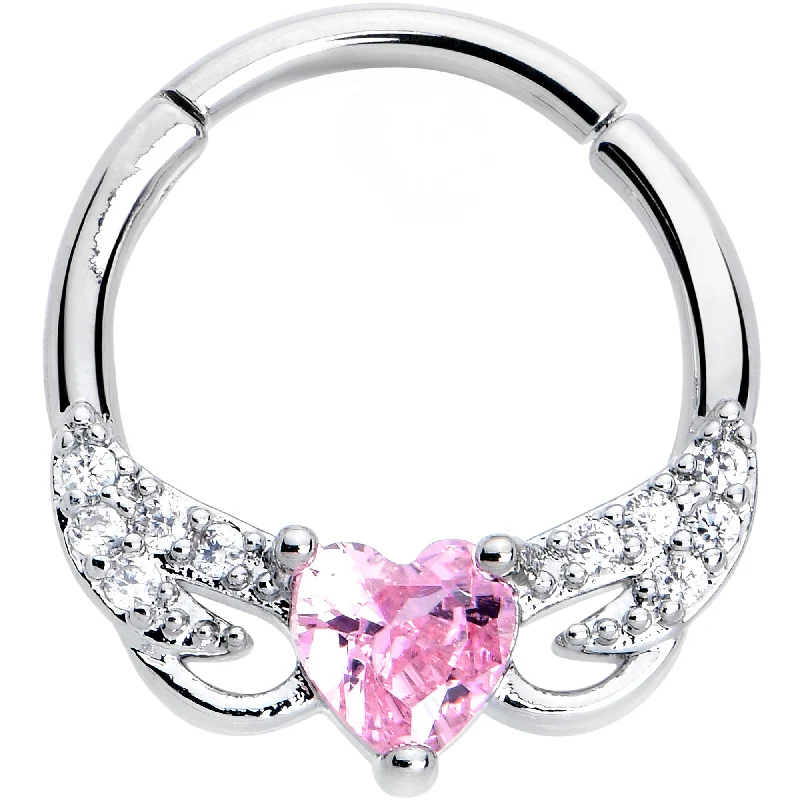 Elegant Nose Rings -16 Gauge 3/8 Pink Clear CZ Gem Flying Heart Hinged Segment Ring