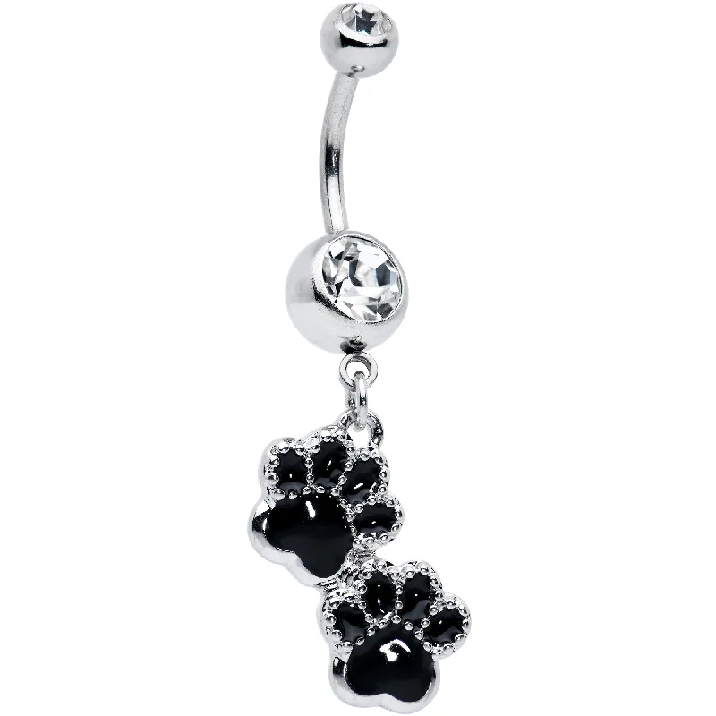 Belly Rings with Glowing Gemstones for Bold Style -Clear Gem Textured Black Paw Print Dangle Belly Ring Belly Rings with Glowing Gemstones for Bold Style -Clear Gem Textured Black Paw Print Dangle Belly Ring