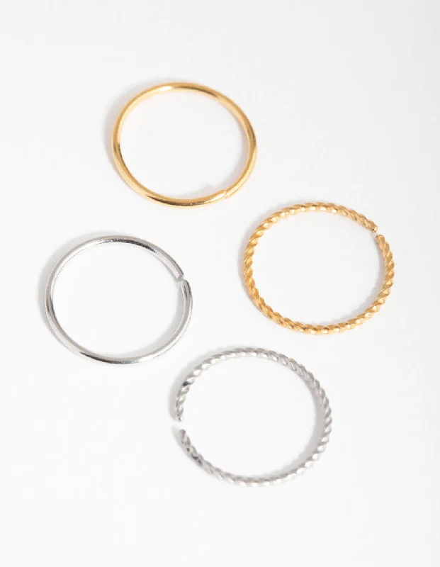 Nose Rings with Beautiful Shine -Mixed Metal Surgical Steel Plain & Twist Nose Ring 4-Pack Nose Rings with Beautiful Shine -Mixed Metal Surgical Steel Plain & Twist Nose Ring 4-Pack