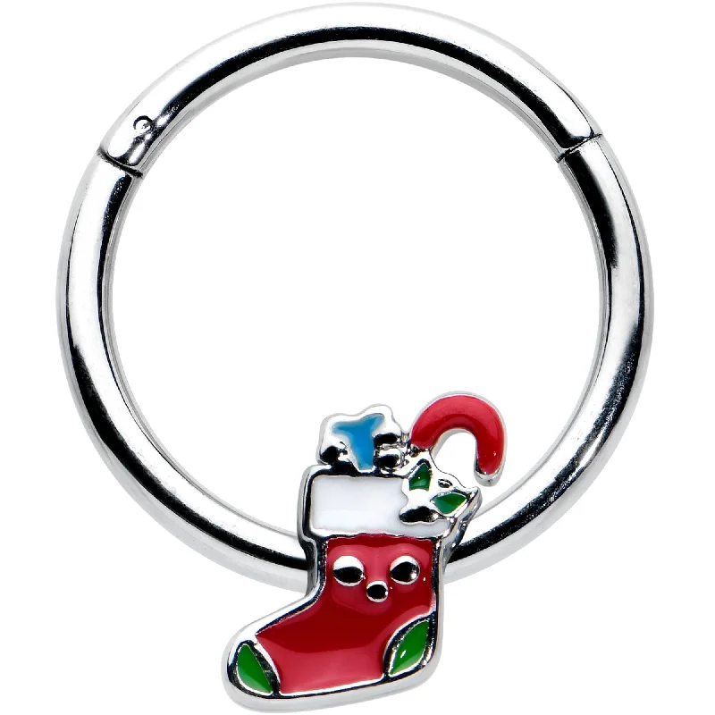 Women's Earrings – Elegant Designs for Every Personality--16 Gauge 3/8 Happy Christmas Stocking Red Green Hinged Segment Ring