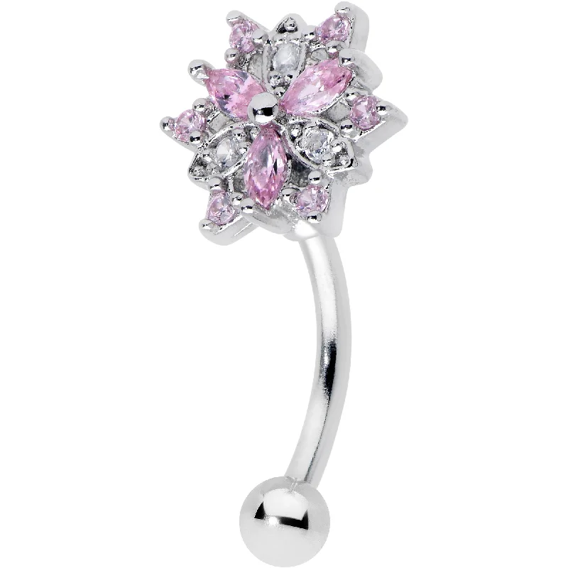 Women's Earrings – Elegant Designs for Every Personality--16 Gauge 5/16 Pink Clear CZ Gem Snowflake Style Curved Eyebrow Ring