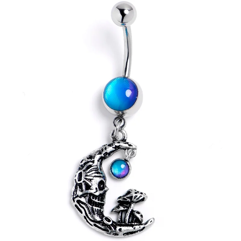 Comfortable Belly Rings for Everyday Glam -Blue Orb Mushrooms on the Moon Dangle Belly Ring