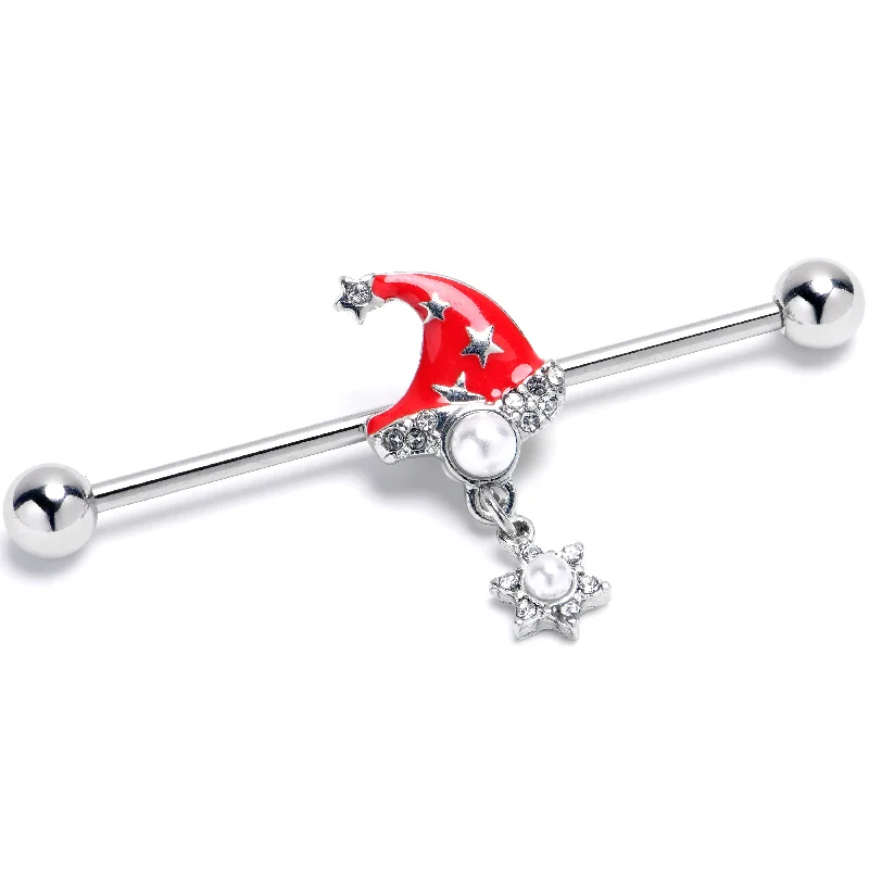 Women's Earrings – Elegant Designs for Every Personality--14 Gauge Clear Gem Santa Hat Stars Red Dangle Industrial Barbell 38mm