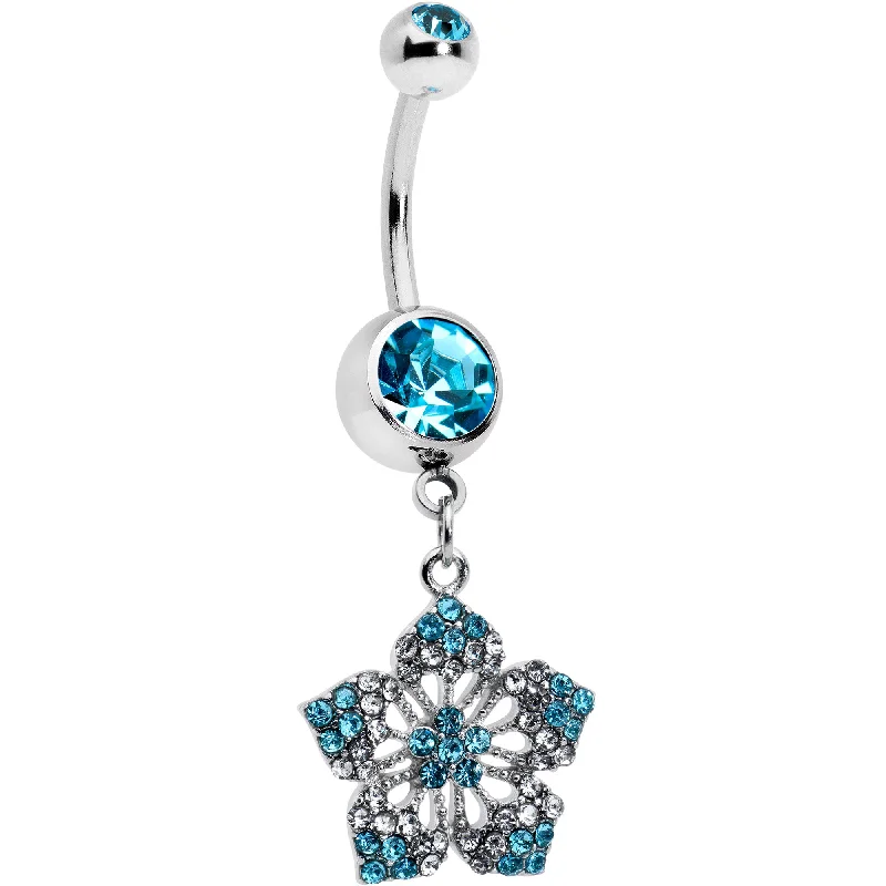 Designer Belly Rings with Artistic Appeal -Blue Gem Twin Flower Dangle Belly Ring