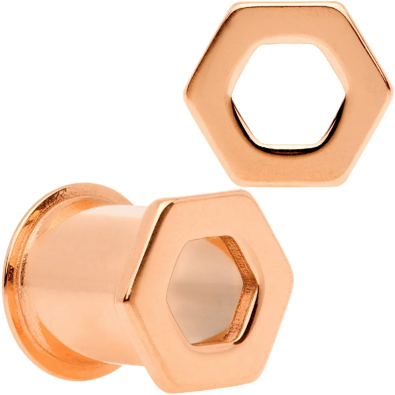Women's Earrings – Elegant Designs for Every Personality--Rose Gold Tone Geometric Hexagon Double Flare Tunnel Plug Set 3mm to 25mm