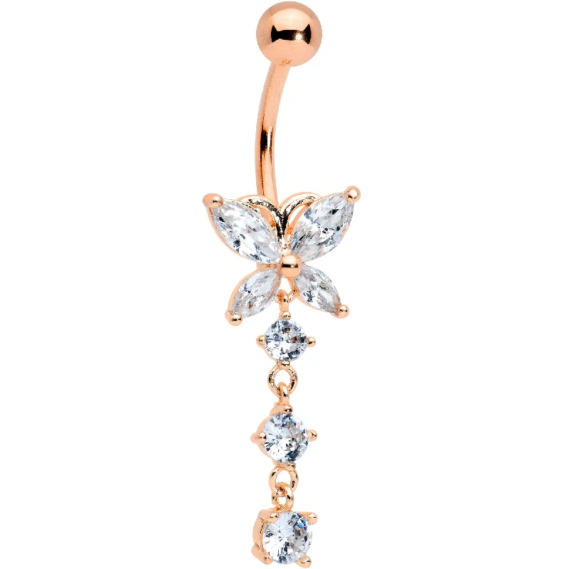 Trendy Belly Rings for Everyday Fashion -Clear CZ Gem Rose Gold Tone Open Wing Butterfly Dangle Belly Ring Trendy Belly Rings for Everyday Fashion -Clear CZ Gem Rose Gold Tone Open Wing Butterfly Dangle Belly Ring