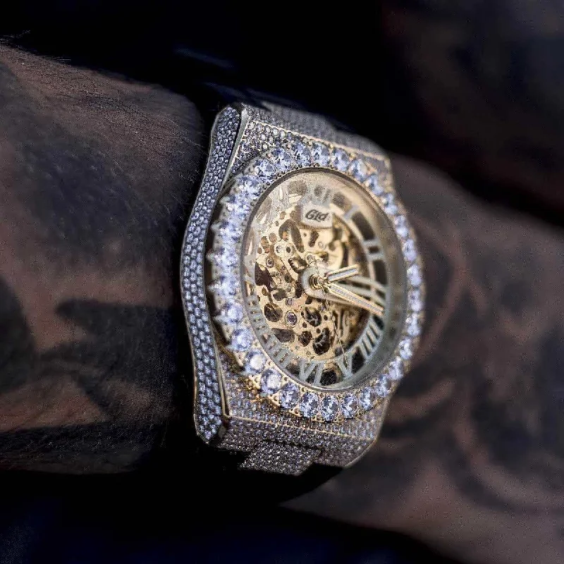 Stylish Watches for Men with Modern Design-42MM Iced Alpha Era® Luminous Skeleton Gold w/ Rubber Strap