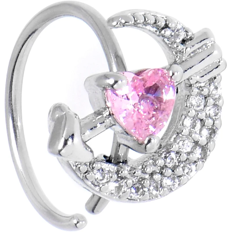 Nose Rings for Professional Style -20 Gauge 5/16 Pink CZ Gem Moon Lover Nose Hoop