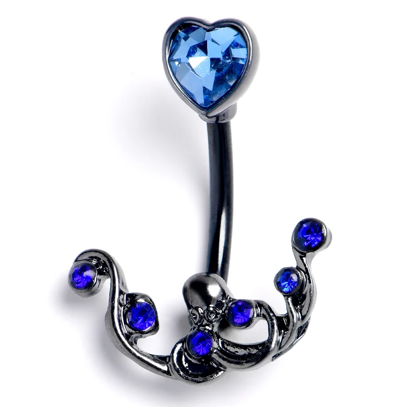 Belly Rings for Creative Fashion Choices -Blue Gem Black Heart Scrolling Elegance Double Mount Belly Ring Belly Rings for Creative Fashion Choices -Blue Gem Black Heart Scrolling Elegance Double Mount Belly Ring