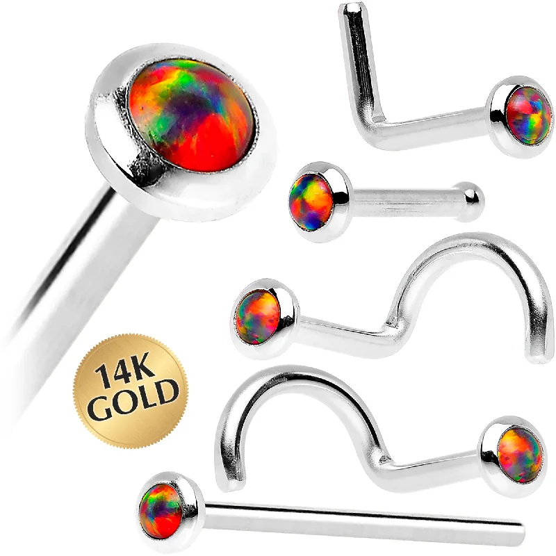 Diamond-Studded Nose Rings -14kt White Gold 2mm Fire Red Synthetic Opal Nose Ring