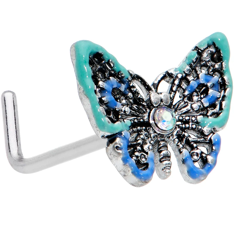 Nose Rings with Beautiful Shine -20 Gauge 7mm Aurora Gem Colorful Glam Butterfly L Shape Nose Ring Nose Rings with Beautiful Shine -20 Gauge 7mm Aurora Gem Colorful Glam Butterfly L Shape Nose Ring