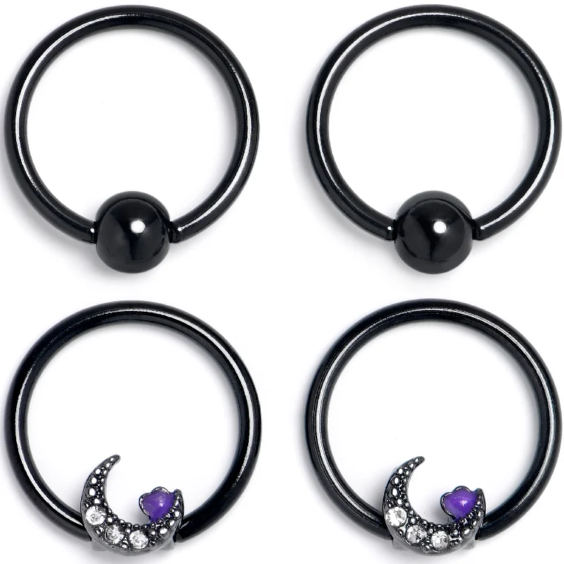 Designer Lip Rings for Chic Look16 Gauge 3/8 Clear Gem Black Moon Heart BCR Captive Ring Set of 4