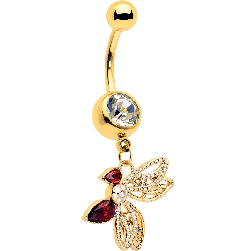 Beautiful Belly Rings for Special Occasions -Red CZ Gem Gold Tone Drama Butterfly Dangle Belly Ring Beautiful Belly Rings for Special Occasions -Red CZ Gem Gold Tone Drama Butterfly Dangle Belly Ring