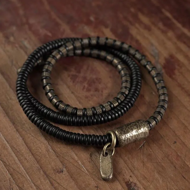 Casual Bracelets for Men with Leather Bands-Buddha Stones Healing Tibetan Ebony Wood Beads Copper Multilayered Bracelet Casual Bracelets for Men with Leather Bands-Buddha Stones Healing Tibetan Ebony Wood Beads Copper Multilayered Bracelet