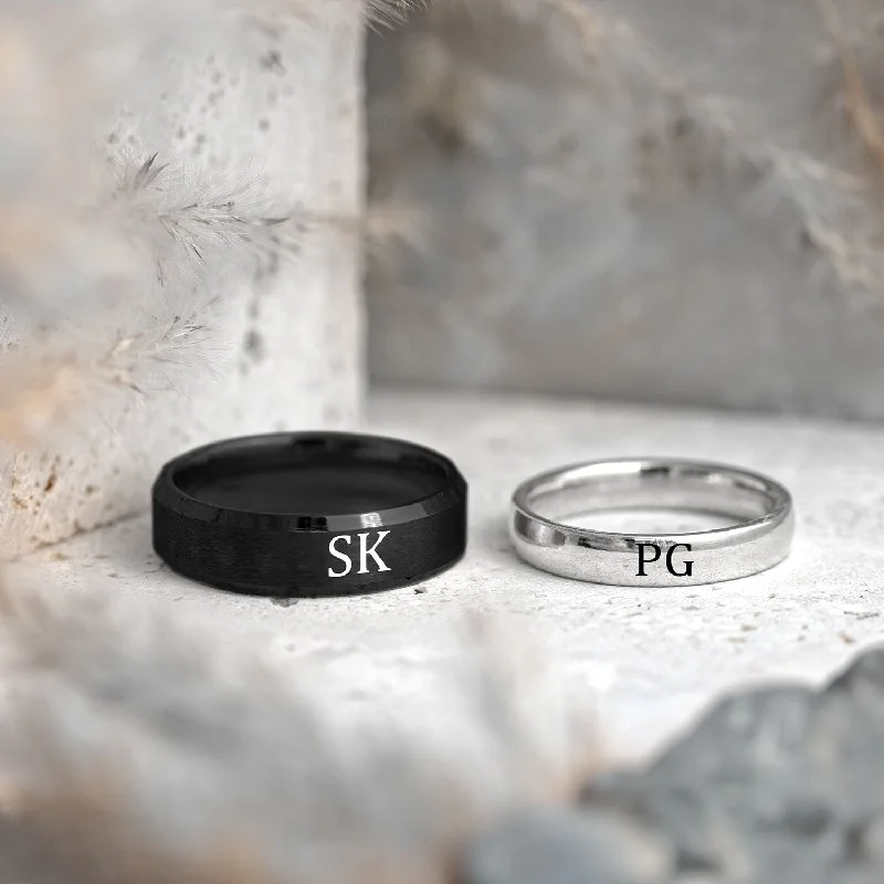 Men's Charm Bracelets-Personalised Black and Silver Couple Ring