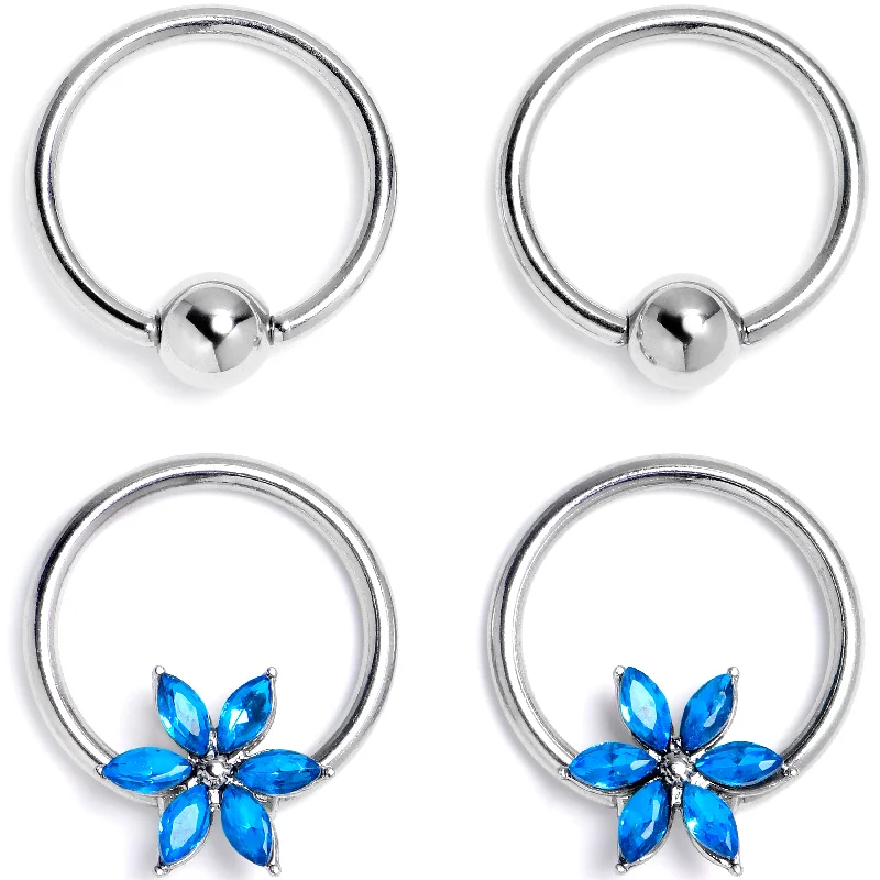 Women's Earrings – Elegant Designs for Every Personality--16 Gauge 3/8 Blue Gem Flower Blossom BCR Captive Ring Set of 4