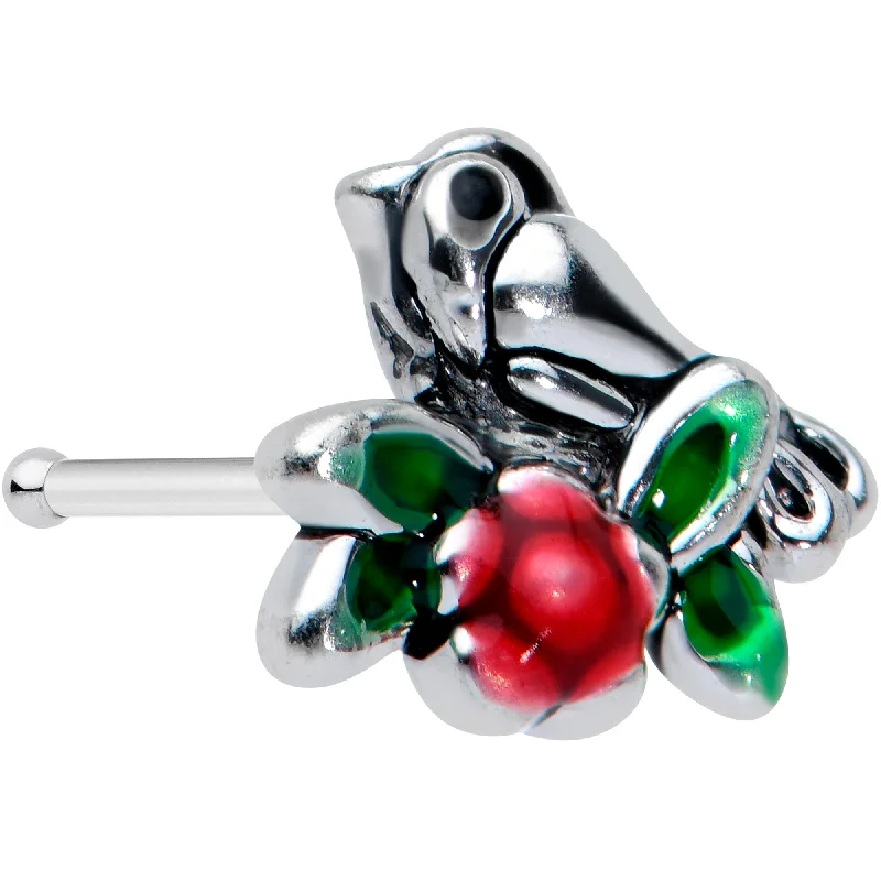 Silver Nose Rings -20 Gauge 1/4 Perching Bird Flower Nose Bone