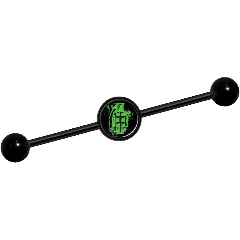 Women's Earrings – Elegant Designs for Every Personality--14 Gauge Green Grenade Black Industrial Barbell 37mm Women's Earrings – Elegant Designs for Every Personality--14 Gauge Green Grenade Black Industrial Barbell 37mm
