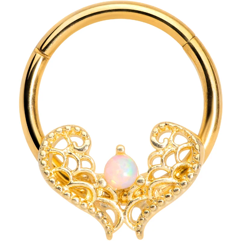 Nose Rings with Charms -16 Gauge 3/8 White Synth Opal Gold Tone Lace Heart Hinged Segment Ring Nose Rings with Charms -16 Gauge 3/8 White Synth Opal Gold Tone Lace Heart Hinged Segment Ring