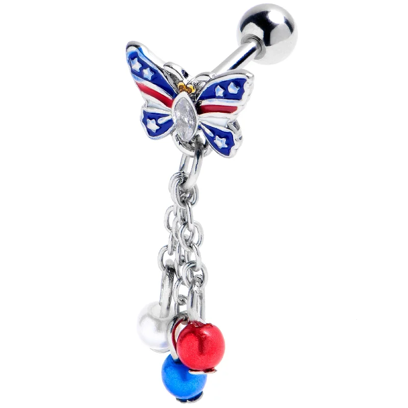 Women's Earrings – Elegant Designs for Every Personality--16 Gauge 1/4 Clear Gem Patriotic Butterfly Dangle Cartilage Earring