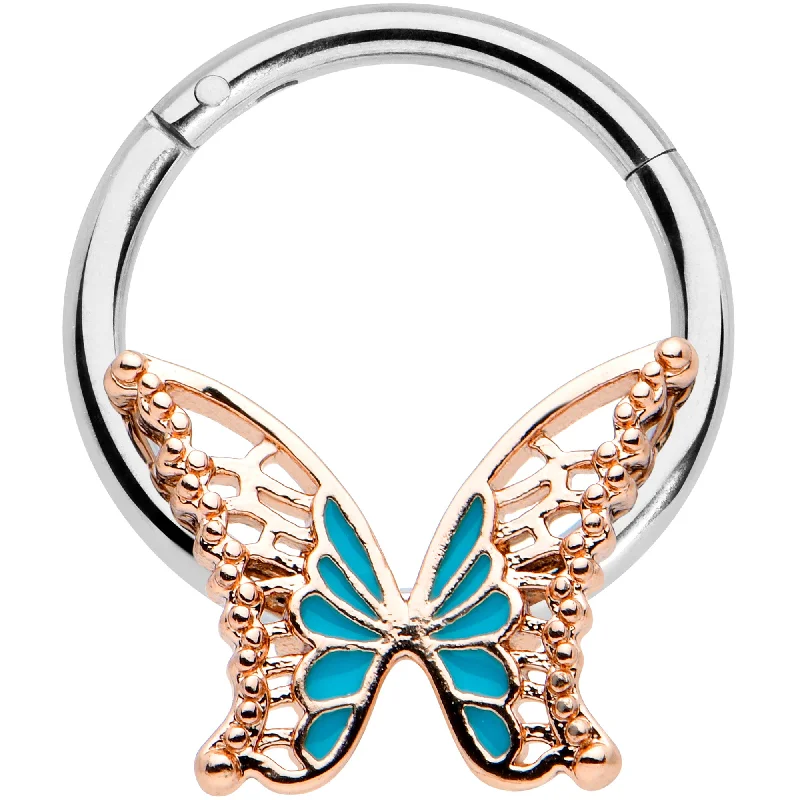 Timeless Nose Rings for Everyday Wear -16 Gauge 3/8 Bit of Blue Butterfly Hinged Segment Ring Timeless Nose Rings for Everyday Wear -16 Gauge 3/8 Bit of Blue Butterfly Hinged Segment Ring