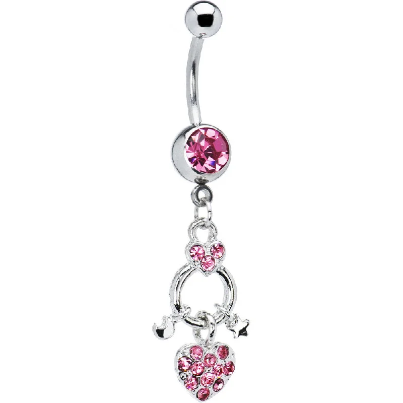 Beautiful Belly Rings for Dazzling Effect -Pink Gem HEART STAR MOON CHARM Dangle Belly Ring Beautiful Belly Rings for Dazzling Effect -Pink Gem HEART STAR MOON CHARM Dangle Belly Ring