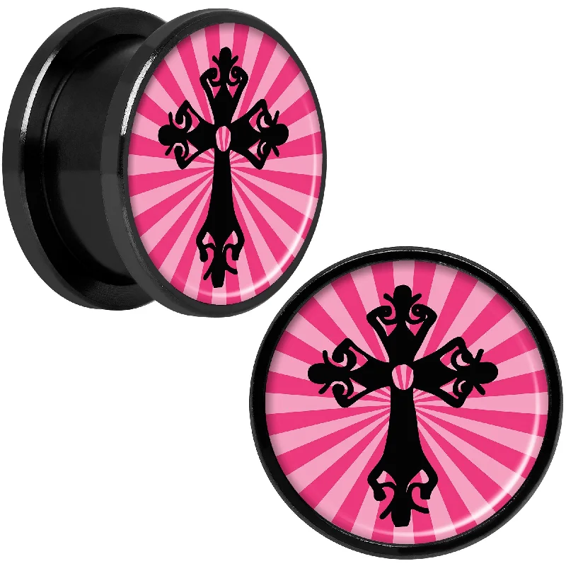 Women's Earrings – Elegant Designs for Every Personality--Pink Black Radiant Cross Black Anodized Screw Fit Plug Set 5/8 Women's Earrings – Elegant Designs for Every Personality--Pink Black Radiant Cross Black Anodized Screw Fit Plug Set 5/8
