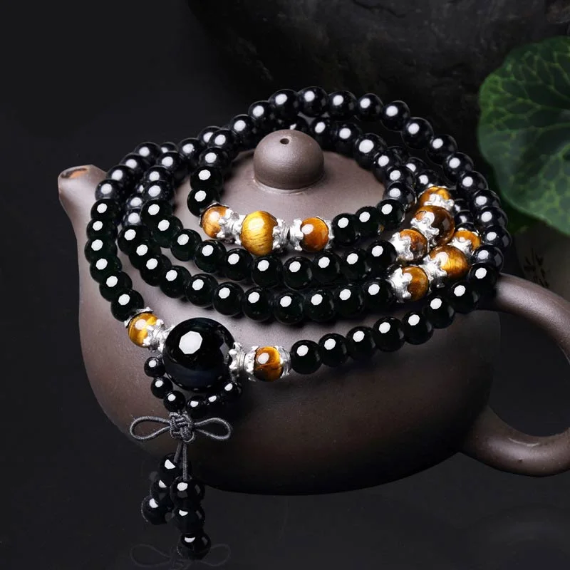 Affordable Bracelets for Men-Buddha Stones 108 Beads Natural Black Obsidian Tiger Eye Mala Bracelet Affordable Bracelets for Men-Buddha Stones 108 Beads Natural Black Obsidian Tiger Eye Mala Bracelet