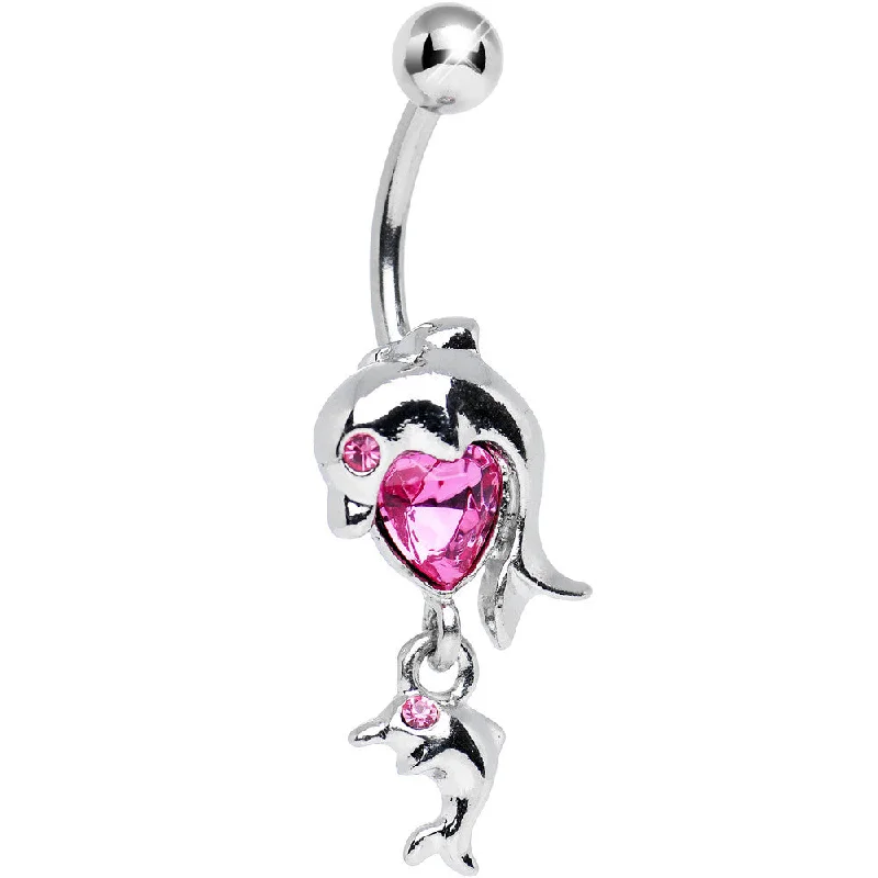 Belly Rings for Fun Fashion Styles -Pink Gem DOLPHIN HEART DANGLE Navel Belly Button Ring Belly Rings for Fun Fashion Styles -Pink Gem DOLPHIN HEART DANGLE Navel Belly Button Ring