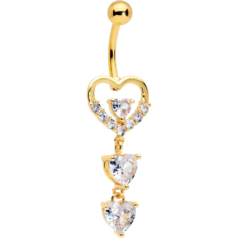Comfortable Belly Rings with Chic Finish -Clear CZ Gem Gold Tone Opulent Heart Quartet Dangle Belly Ring Comfortable Belly Rings with Chic Finish -Clear CZ Gem Gold Tone Opulent Heart Quartet Dangle Belly Ring
