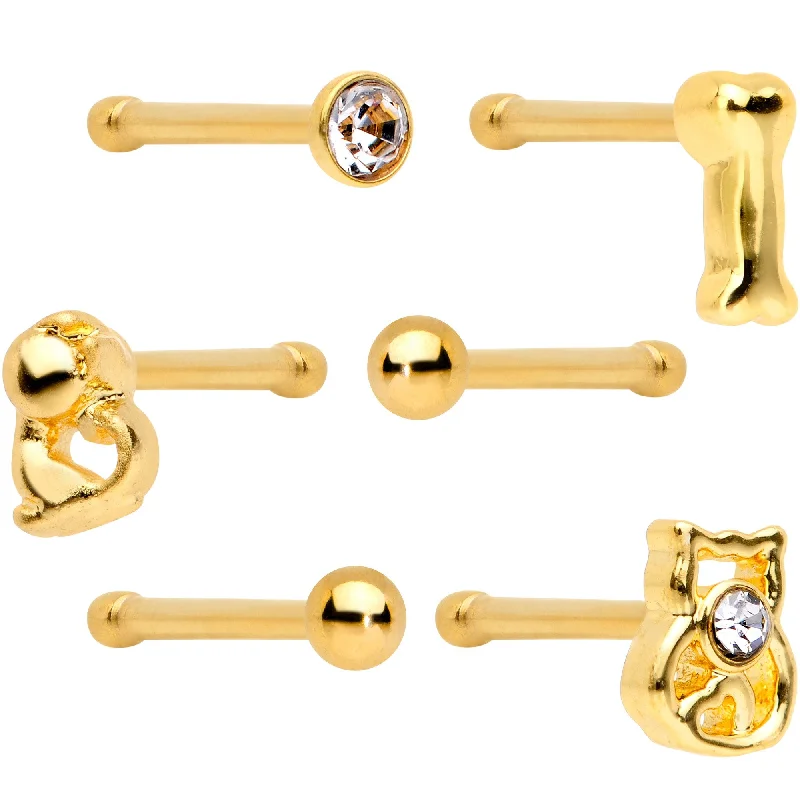 Affordable Designer Nose Rings -Clear Gem Gold PVD House Pets Nose Bone 6 Pack Set
