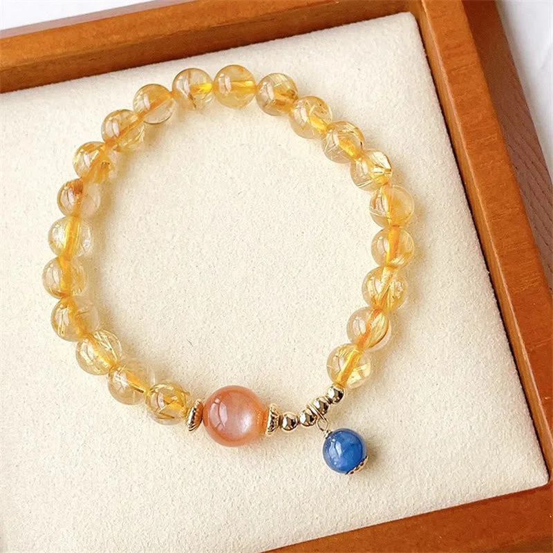 Women's Bangles with Rhinestones-Buddha Stones Natural Gold Rutilated Quartz Sun Stone Kyanite Wealth Bracelet Women's Bangles with Rhinestones-Buddha Stones Natural Gold Rutilated Quartz Sun Stone Kyanite Wealth Bracelet