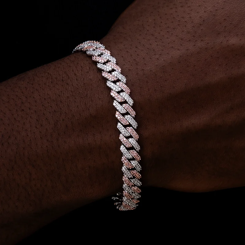 Adjustable Beaded Bracelets for Men-Diamond Prong Cuban Bracelet in Rose/White Gold- 8.5mm Adjustable Beaded Bracelets for Men-Diamond Prong Cuban Bracelet in Rose/White Gold- 8.5mm