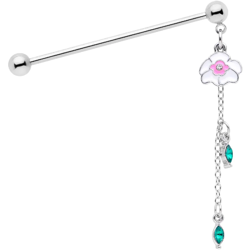 Women's Earrings – Elegant Designs for Every Personality--14 Gauge Clear Green Gem Flower Chain Dangle Industrial Barbell 38mm
