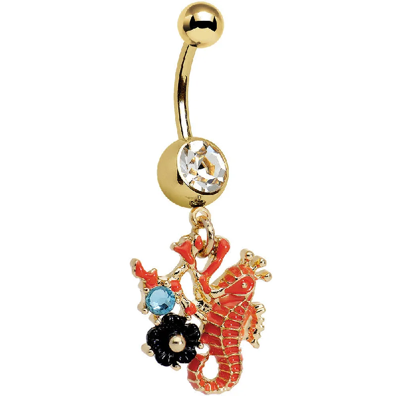 Belly Rings with Designer Touch -Clear Aqua Gem Gold PVD Orange Black Flower Seahorse Dangle Belly Ring Belly Rings with Designer Touch -Clear Aqua Gem Gold PVD Orange Black Flower Seahorse Dangle Belly Ring