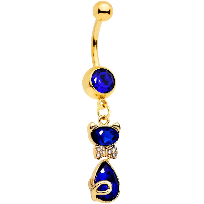 Comfortable Belly Rings with Polished Finish -Clear Blue Gem Gold Tone Classy Cat Dangle Belly Ring Comfortable Belly Rings with Polished Finish -Clear Blue Gem Gold Tone Classy Cat Dangle Belly Ring