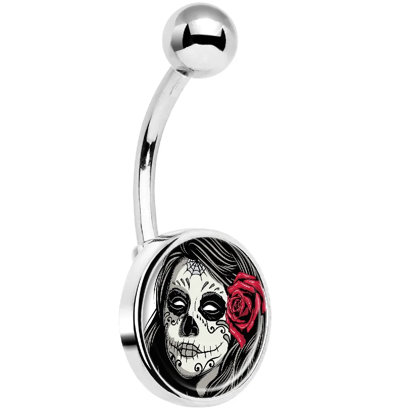 Designer Belly Rings for Luxury Look -Katrina Sugar Skull with Rose Flower Belly Ring Designer Belly Rings for Luxury Look -Katrina Sugar Skull with Rose Flower Belly Ring