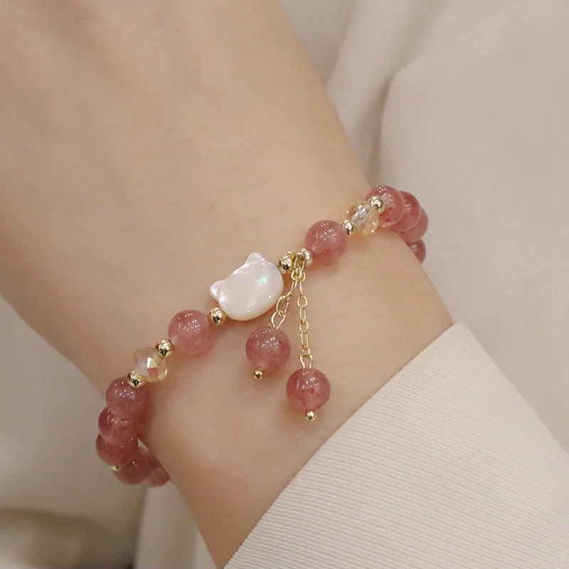 Bridal Bangle Sets for Women-Buddha Stones Natural Strawberry Quartz Morganite Tridacna Stone Cat Love Bracelet