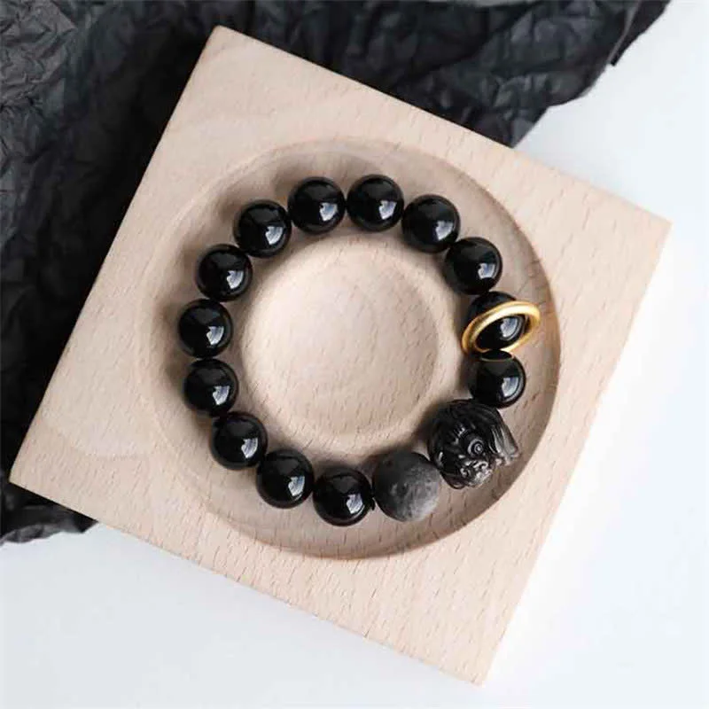 Men's Cross Charm Bracelets-Buddha Stones Black Obsidian Silver Sheen Obsidian Lion Strength Bracelet Men's Cross Charm Bracelets-Buddha Stones Black Obsidian Silver Sheen Obsidian Lion Strength Bracelet